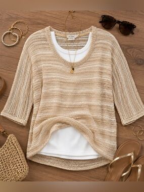 Blu Pepper Open-Knit Scoop Neck Sweater in Light Beige